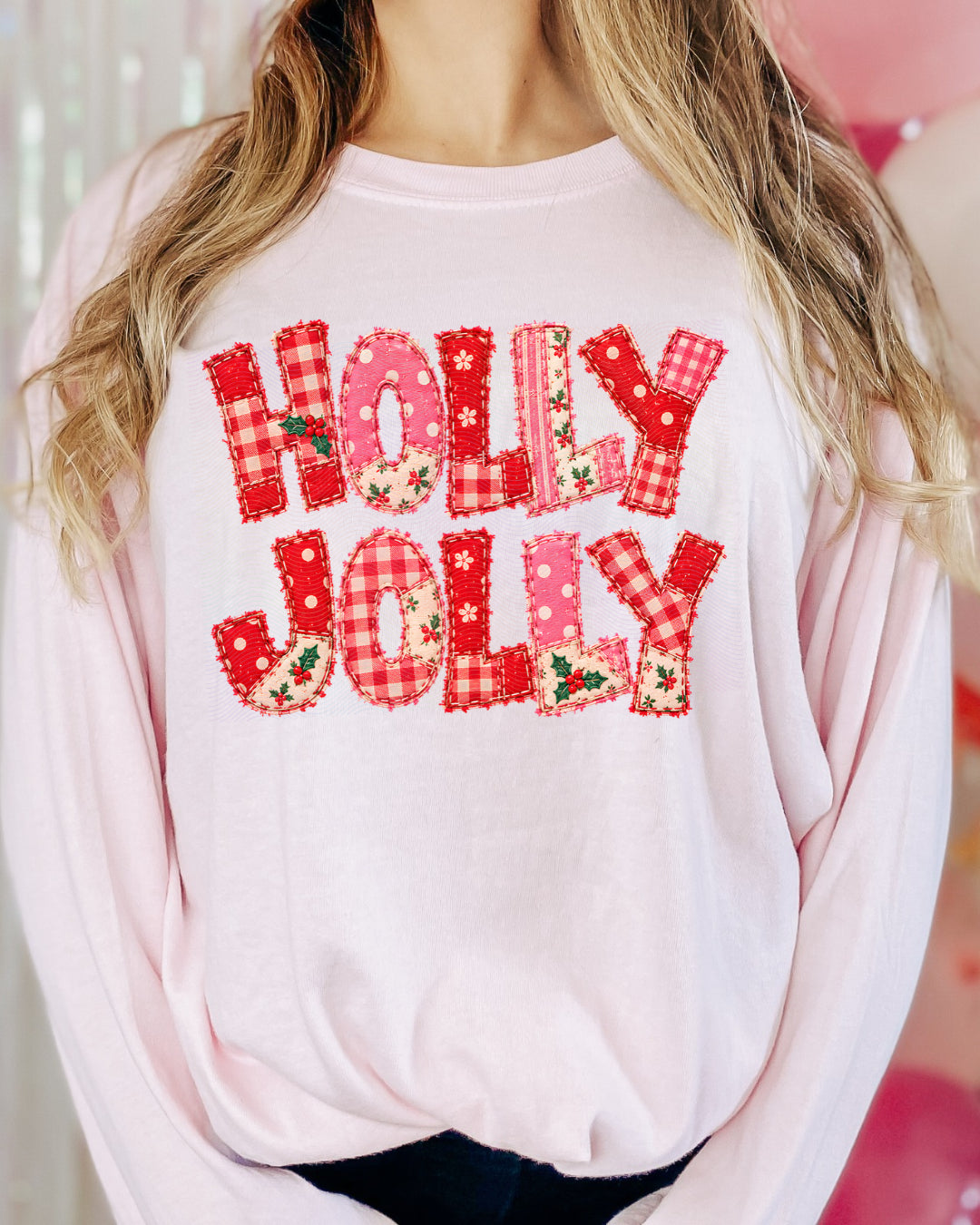 Faux Embroidered Pink Holly Jolly