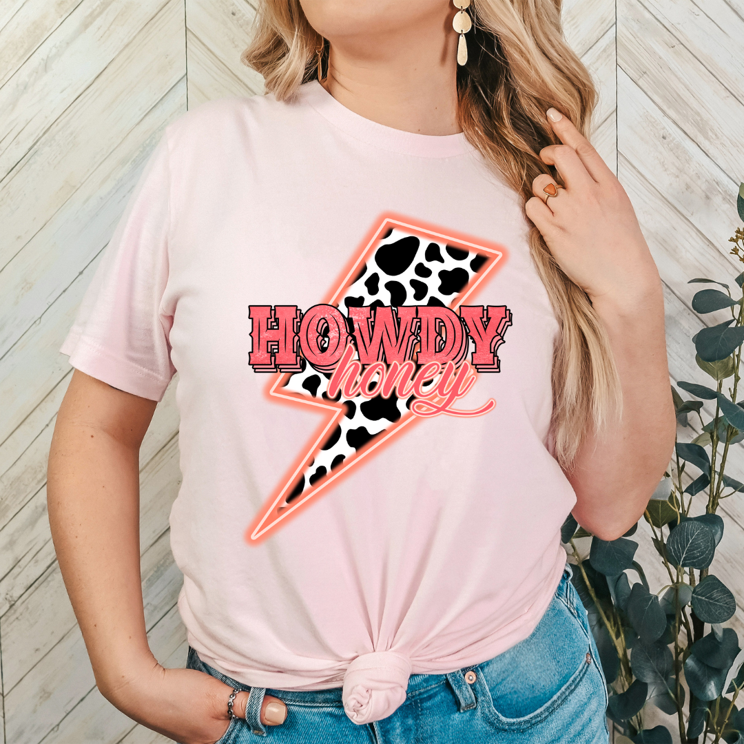 Howdy Honey Pink Cow print lightning