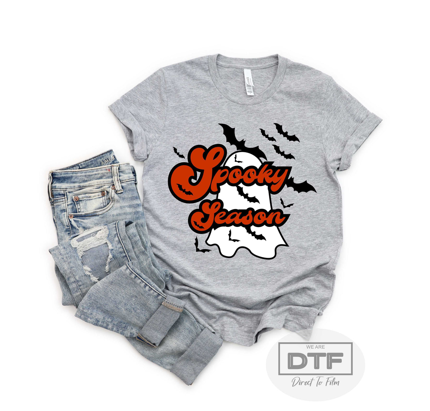 Spooky Season - bold orange over ghost & bats