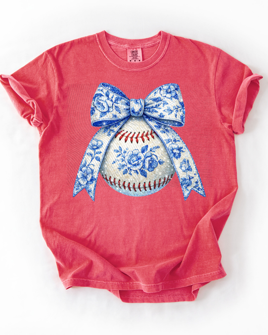 Blue Toile Sparkle Baseball Bow